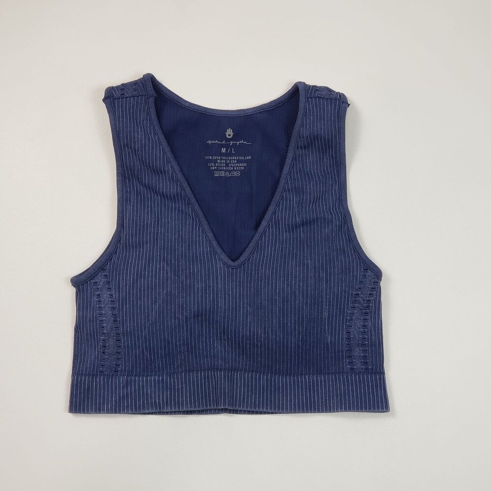 Spiritual Gangster Seamless Ribbed V-Neck Crop Bralette Womens M/L Deep Sea Blue - Picture 3 of 16